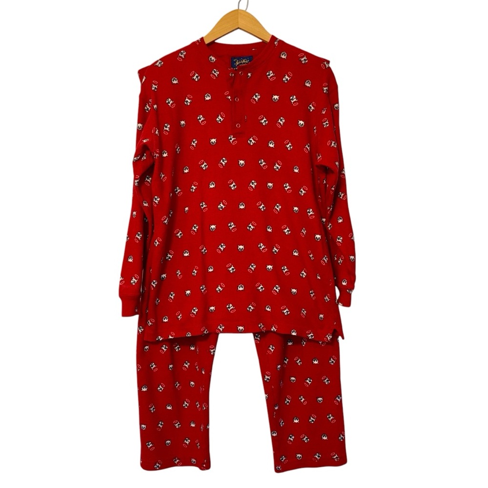 Nick & Nora Waffle Knit Pajamas Red Henley Neck Dogs Cats‎ Size SM Elastic Waist